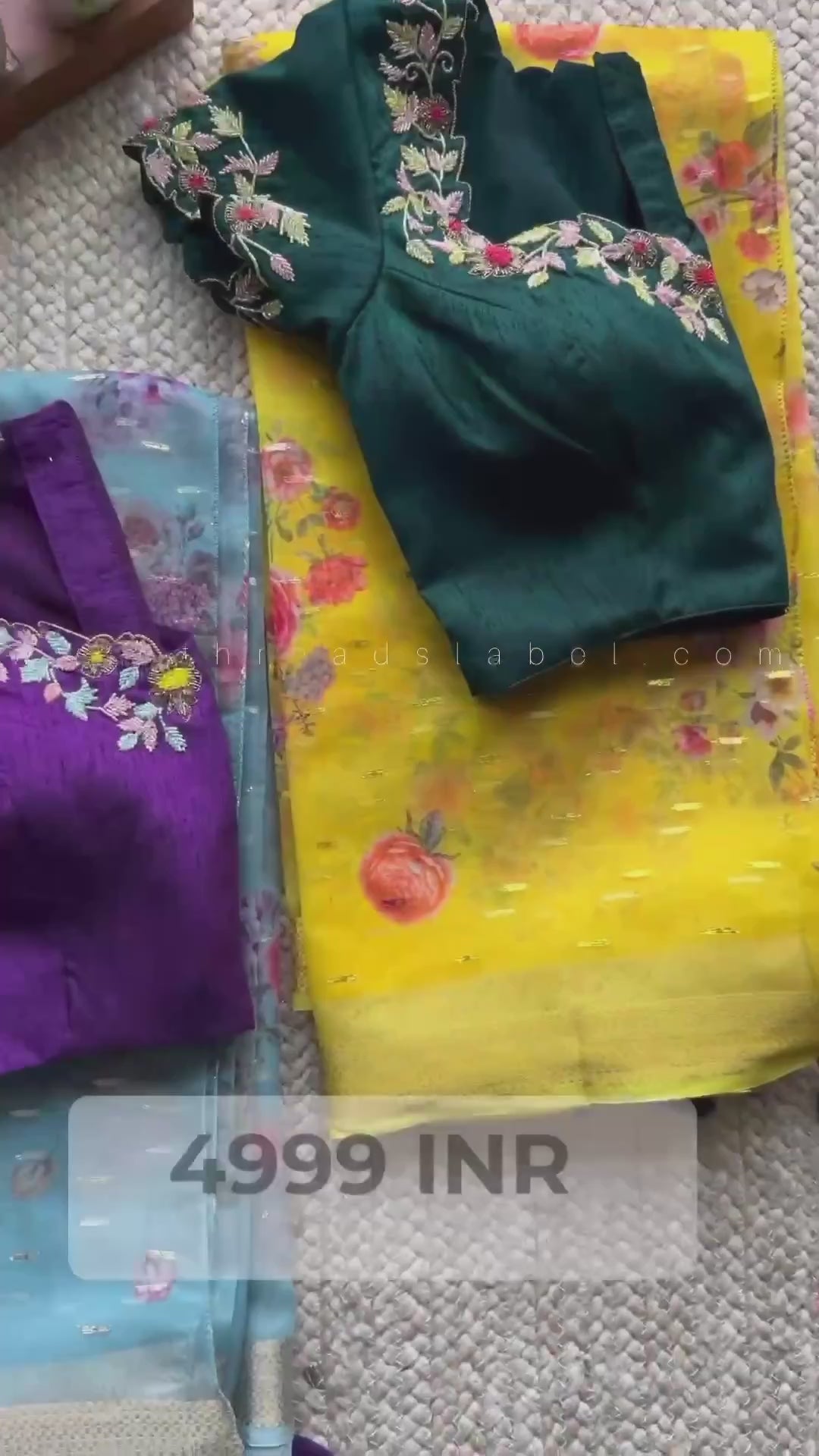 Blue organza saree with purple handwork blouse