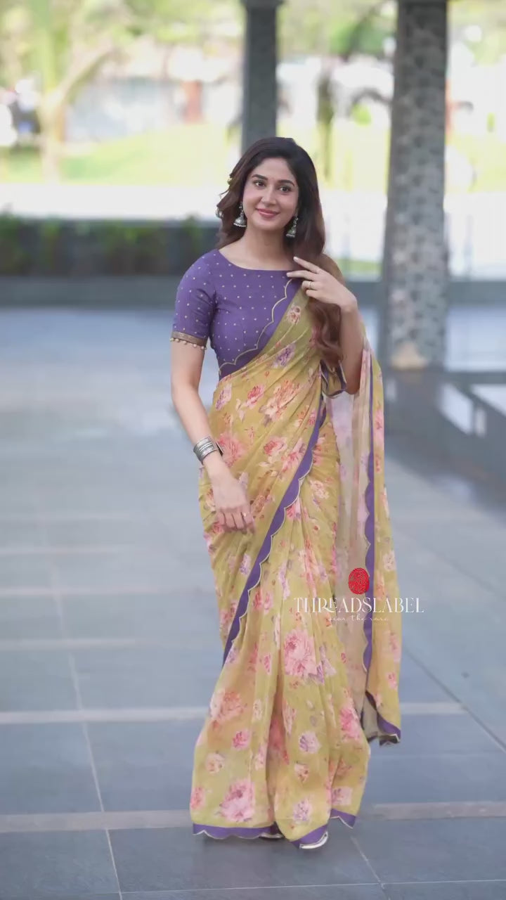 Mehandi green georgette saree with hand work blouse