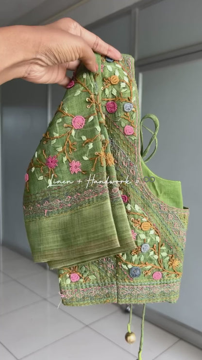 Green linen thread hand worked saree & blouse