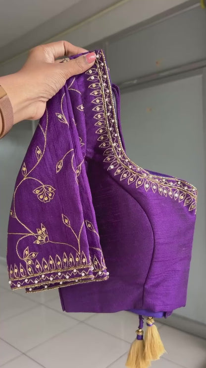 Coffee tissue saree with purple heavy hand work blouse