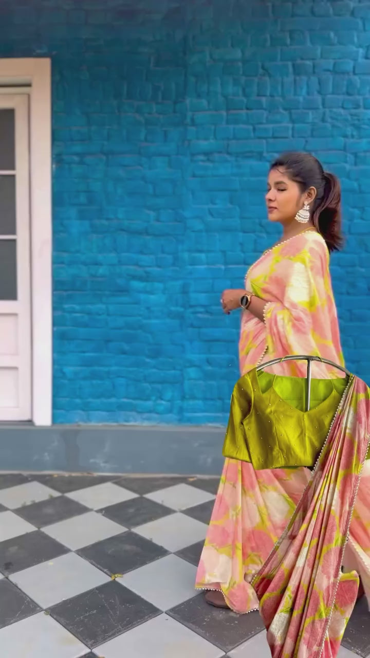 Pink floral cotton saree with lime yellow silk hand work blouse