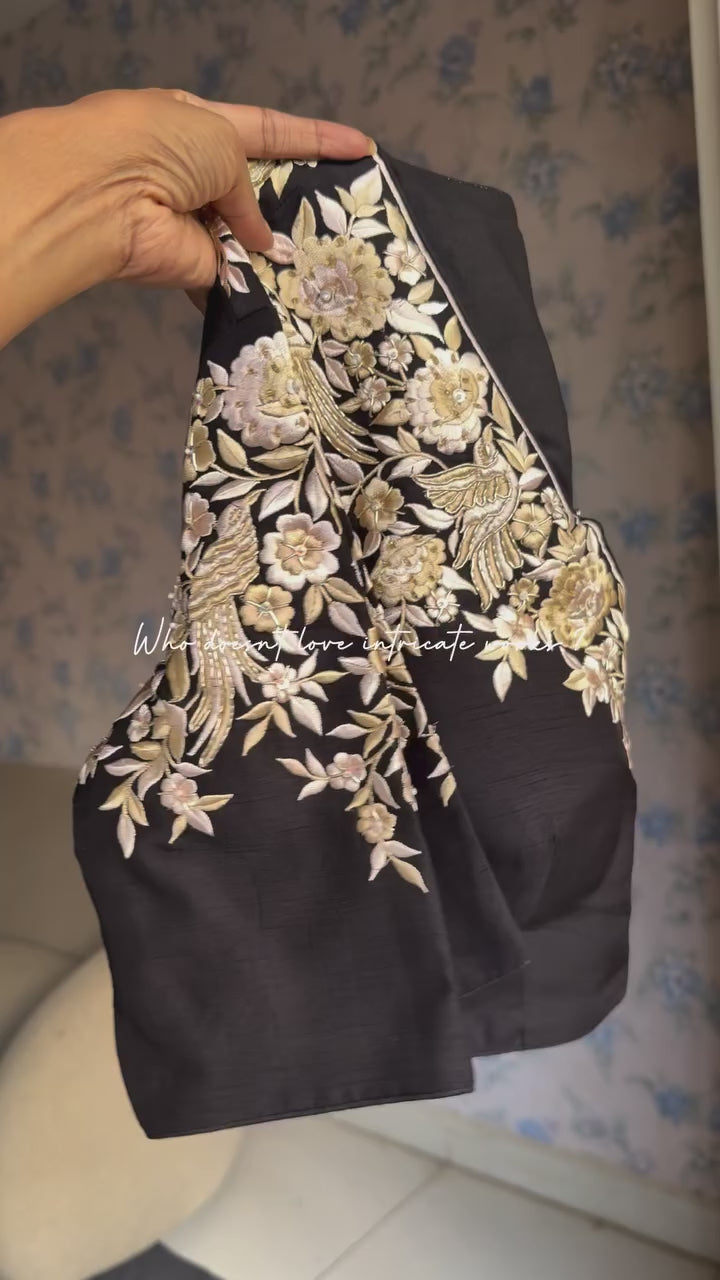Golden cream tissue saree with black hand work blouse