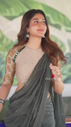 Bottle green mul chanderi saree with mirror work blouse