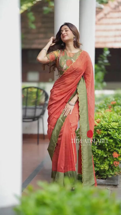 Maroon soft organza saree with kalamkari blouse