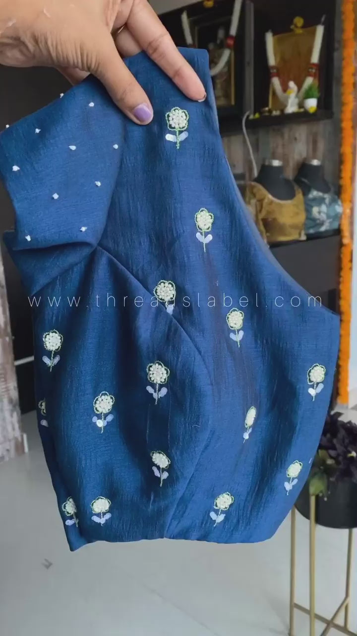 Deep blue marble silk saree with hand worked blouse