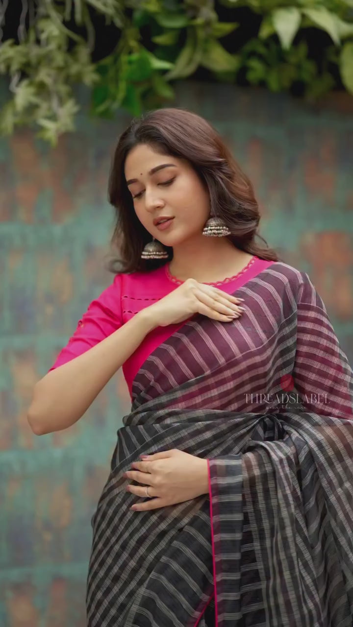 Black & cream stripe kota saree with pink hand work blouse