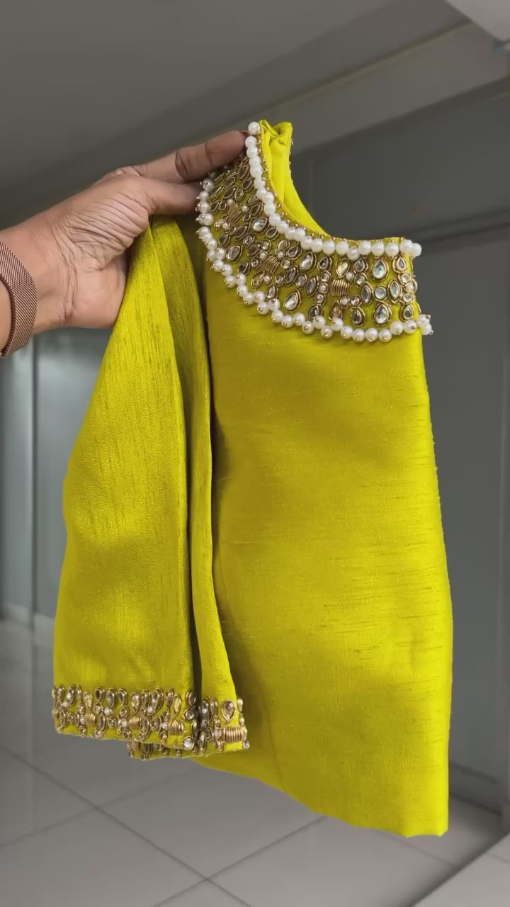 Purple soft jute saree with yellow JEWEL neck hand work blouse