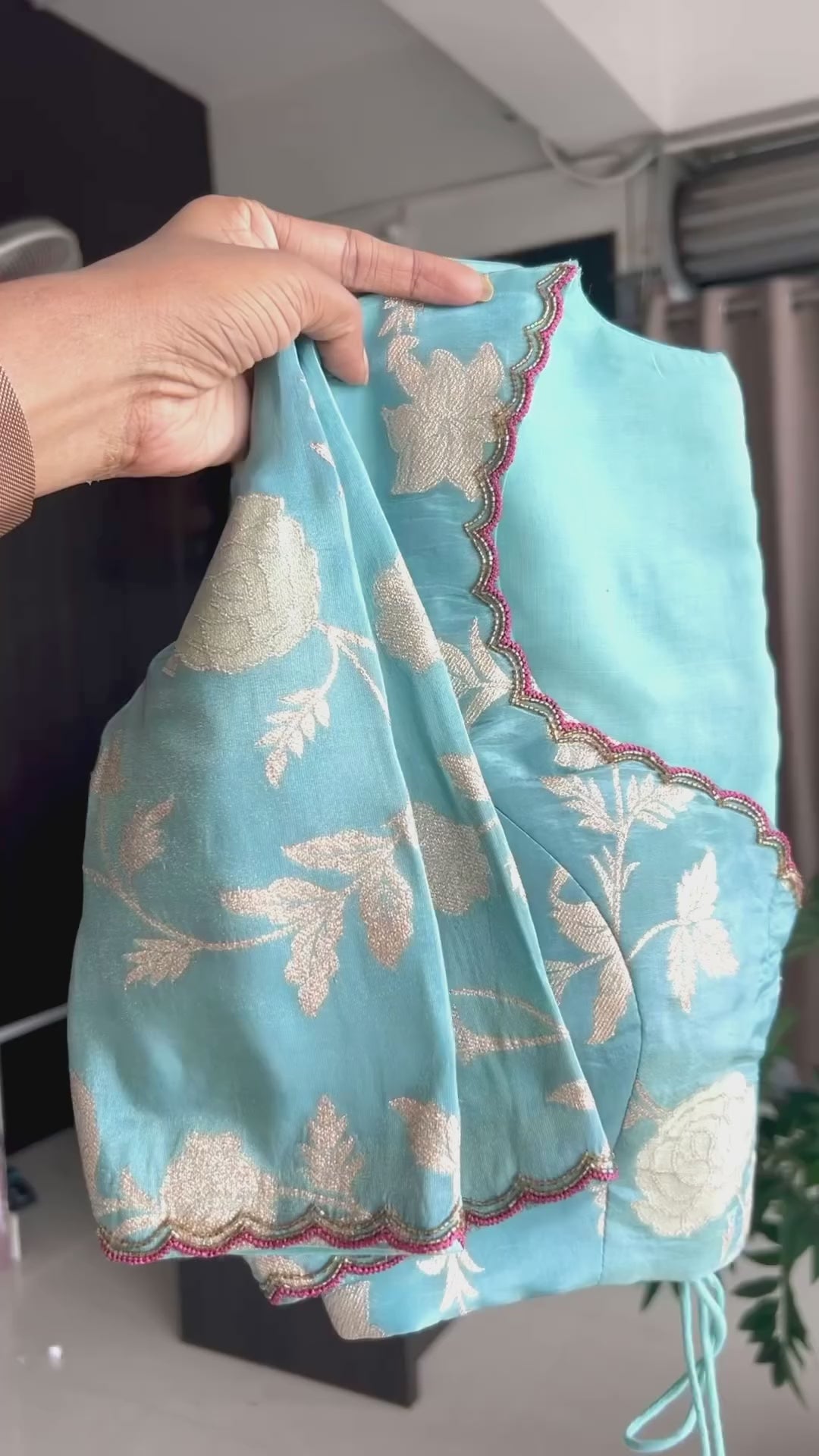 Blue tissue banarasi hand worked blouse (Only blouse)