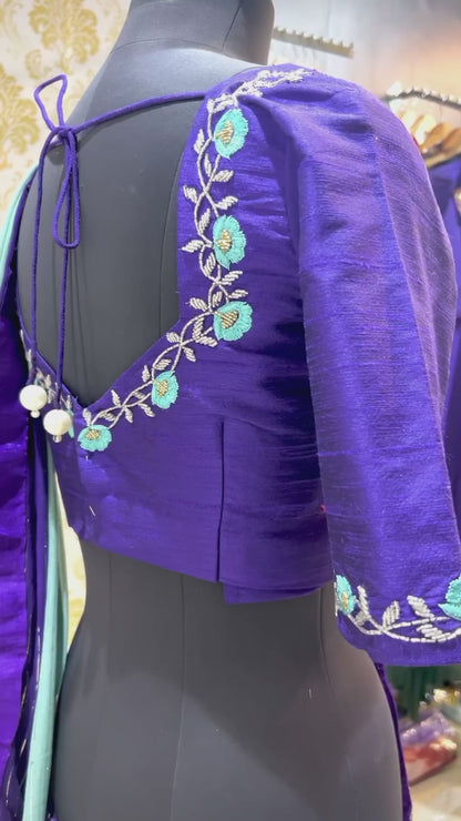 Ombre blue chiffon saree with hand work blouse