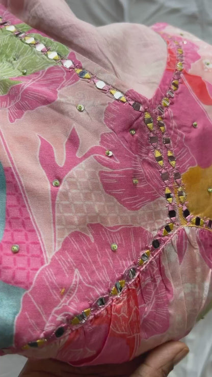 Modal silk pink floral printed 3 piece kurti suit