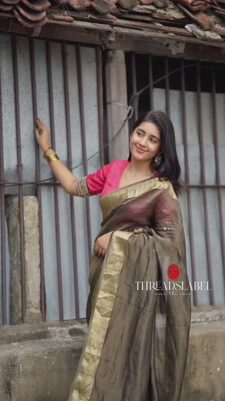 Black & gold banarasi silk saree with pink ikkat blouse