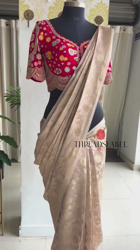 Grey banarasi saree with heavy embroidery blouse