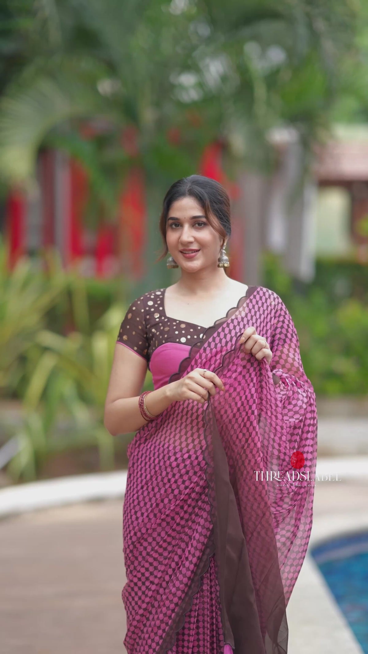 Pink viscose jute saree with hand work blouse