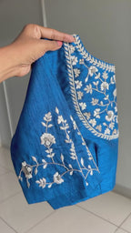 White jute saree with blue embroidery handmade blouse