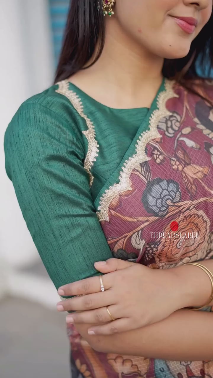 Brown kota kalamkari saree with embroidery blouse
