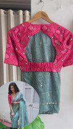 Silver grey tissue mirror work saree with ikkat blouse
