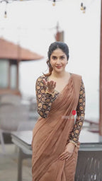 Brown malai chanderi saree with Ajrak print blouse