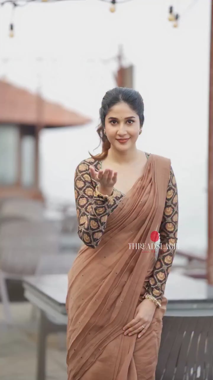 Brown malai chanderi saree with Ajrak print blouse