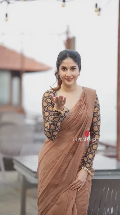 Brown malai chanderi saree with Ajrak print blouse