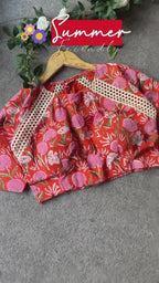 Pink jute saree with cotton hand block printed blouse