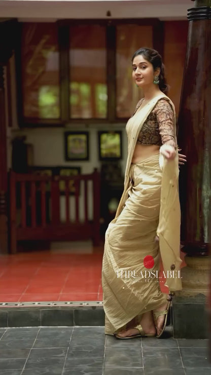 Cream malai chanderi saree with Ajrak print blouse