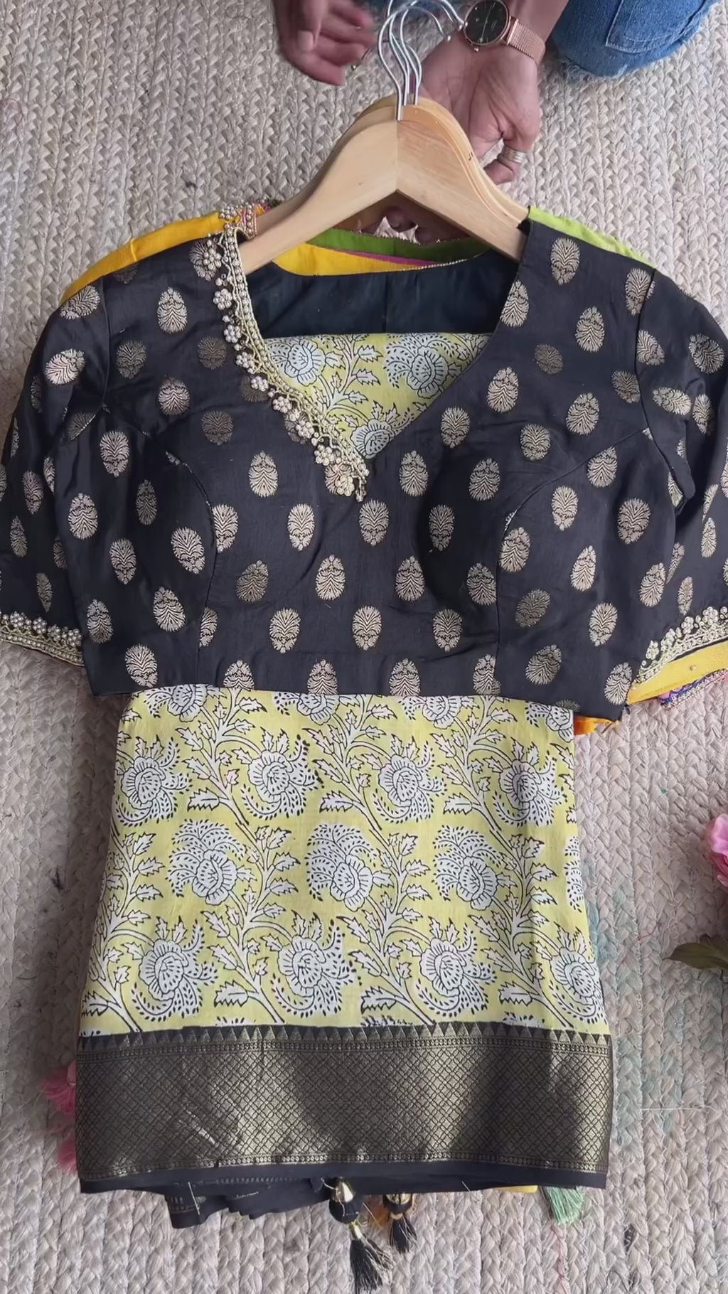 Blush pink chanderi saree with yellow hand made blouse