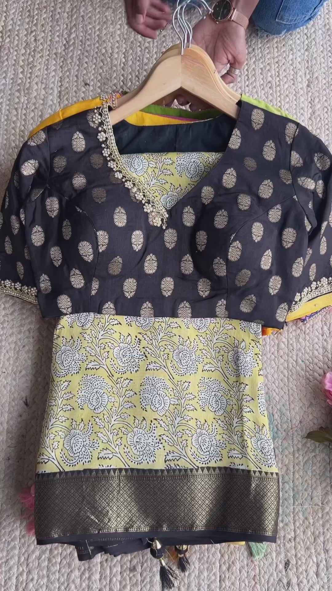 Blush pink chanderi saree with yellow hand made blouse