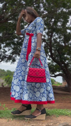 Blue & white floral printed cotton maxi dress