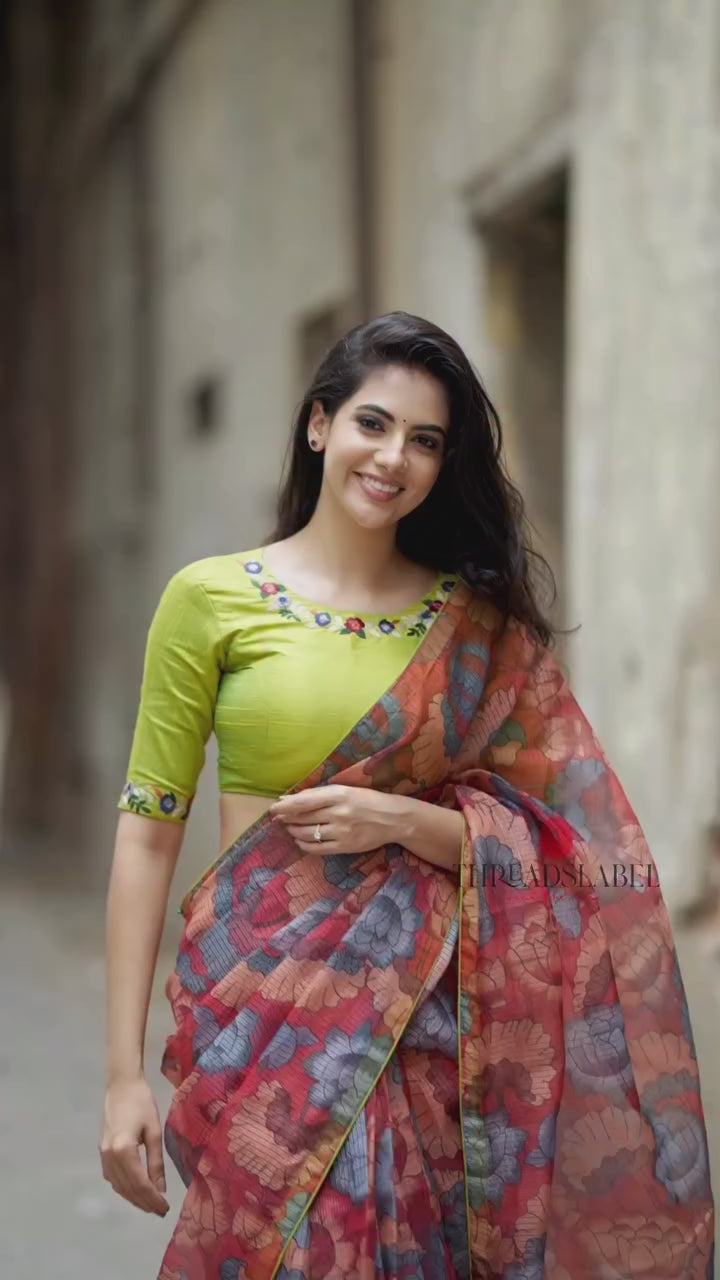 Brown soft kota saree with floral hand work blouse