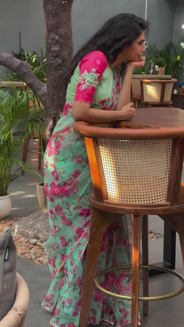 Green tissue floral hand work blouse (only blouse)