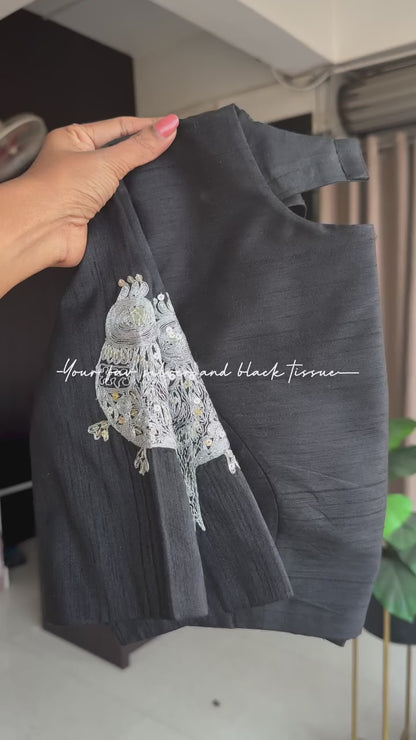 Black & silver stripped tissue saree with bird work blouse