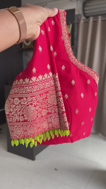 Mint Green georgette banarasi saree with red hand worked blouse
