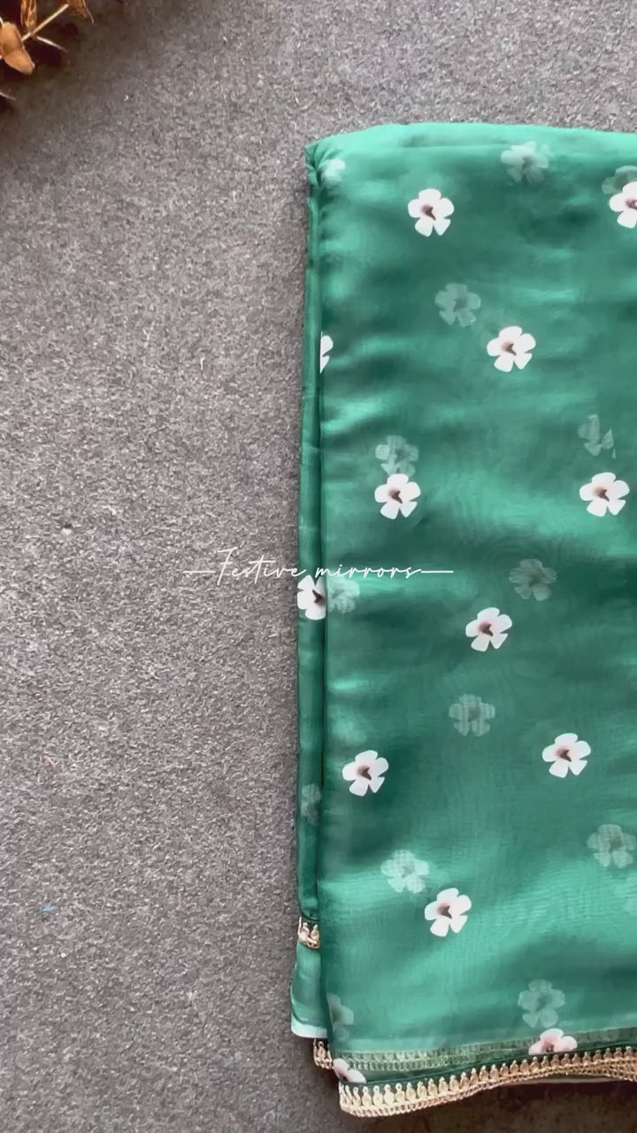 Green organza floral saree with green original mirror work blouse