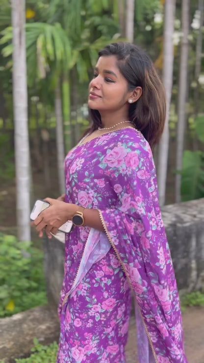 Purple floral georgette saree with hand worked blouse