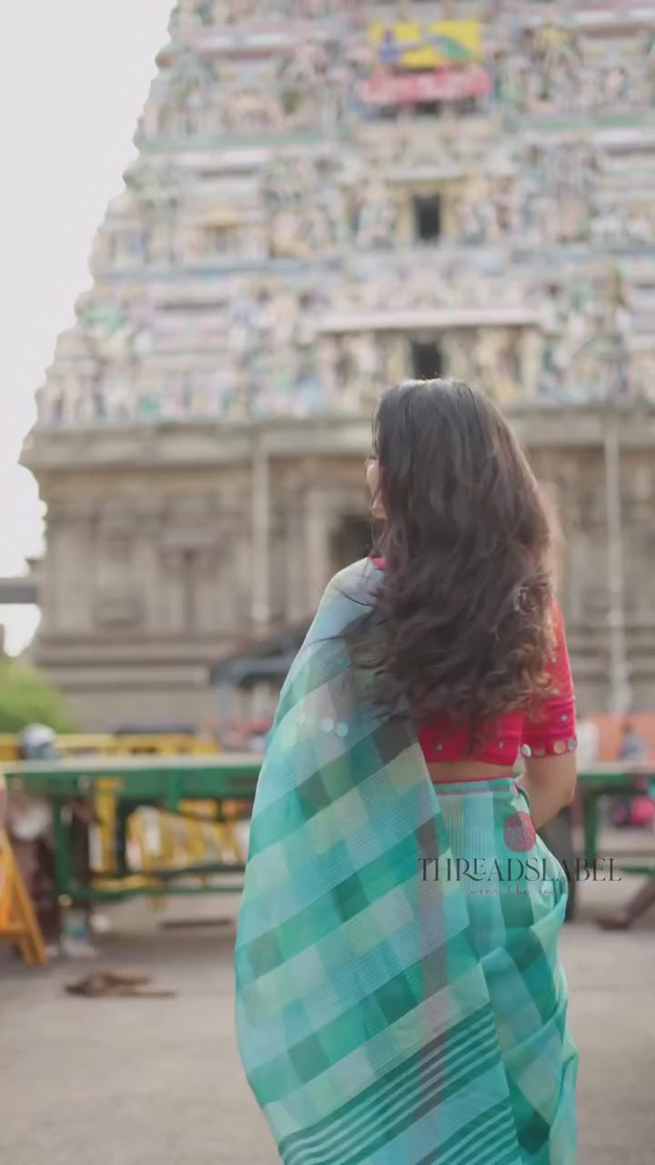 Light blue green kota saree with mirror blouse