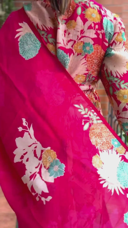 Reddish pink embroidered 3 piece kurti suit