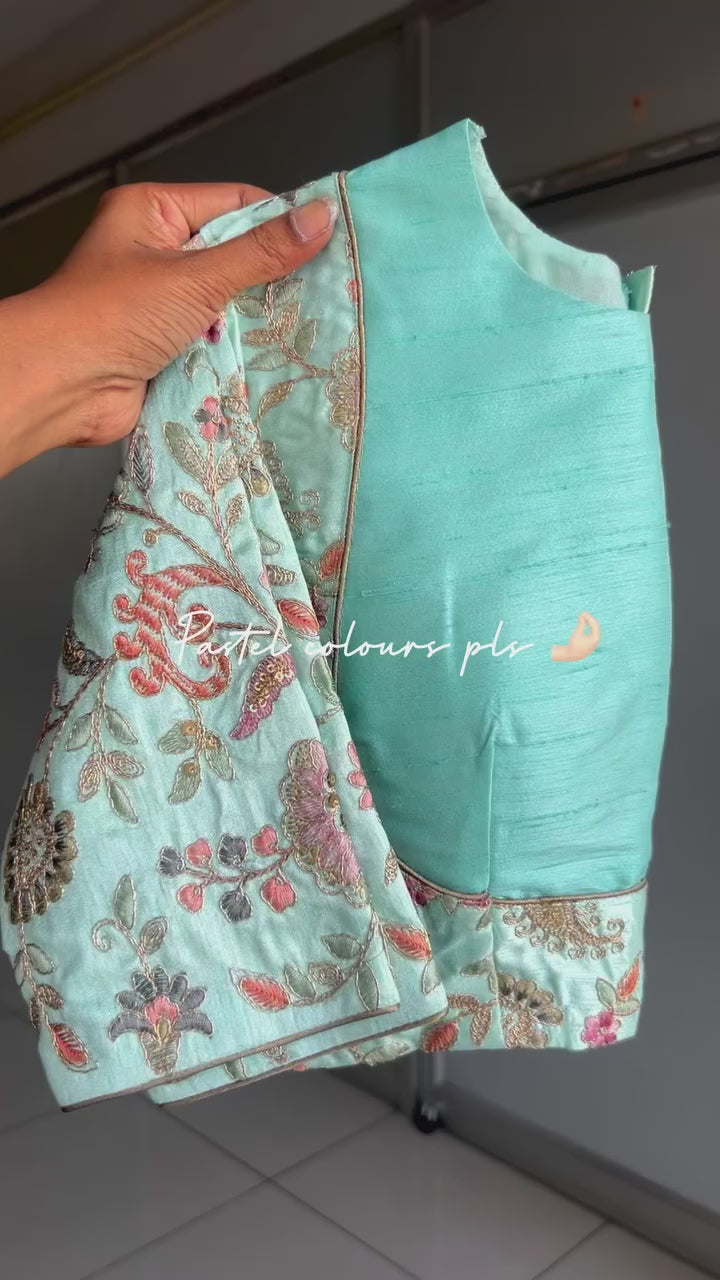 Cyan blue embroidery work blouse