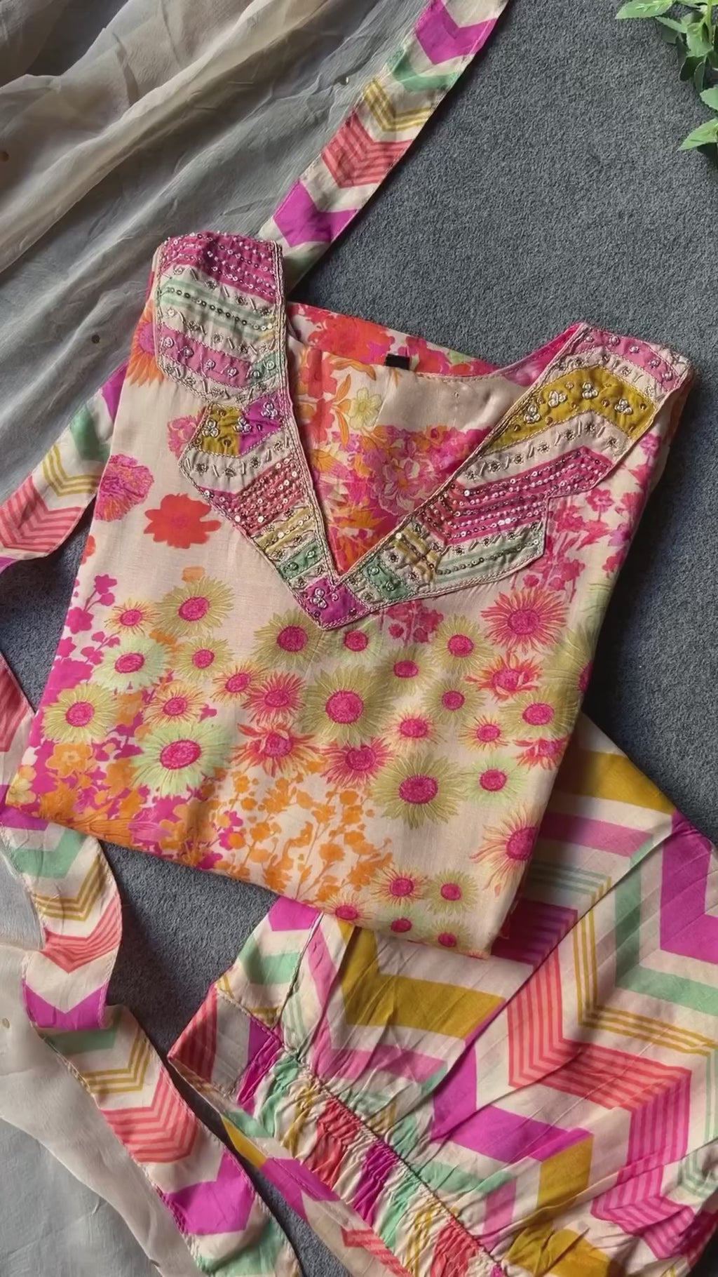 Half white cotton embroidered 3 piece kurti suit