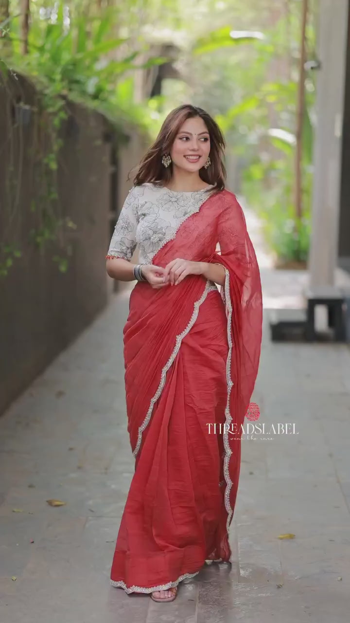 Orange rust saree with pearl work blouse