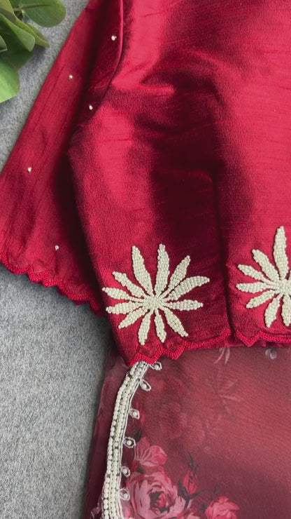 Maroon organza saree with pearl handwork blouse