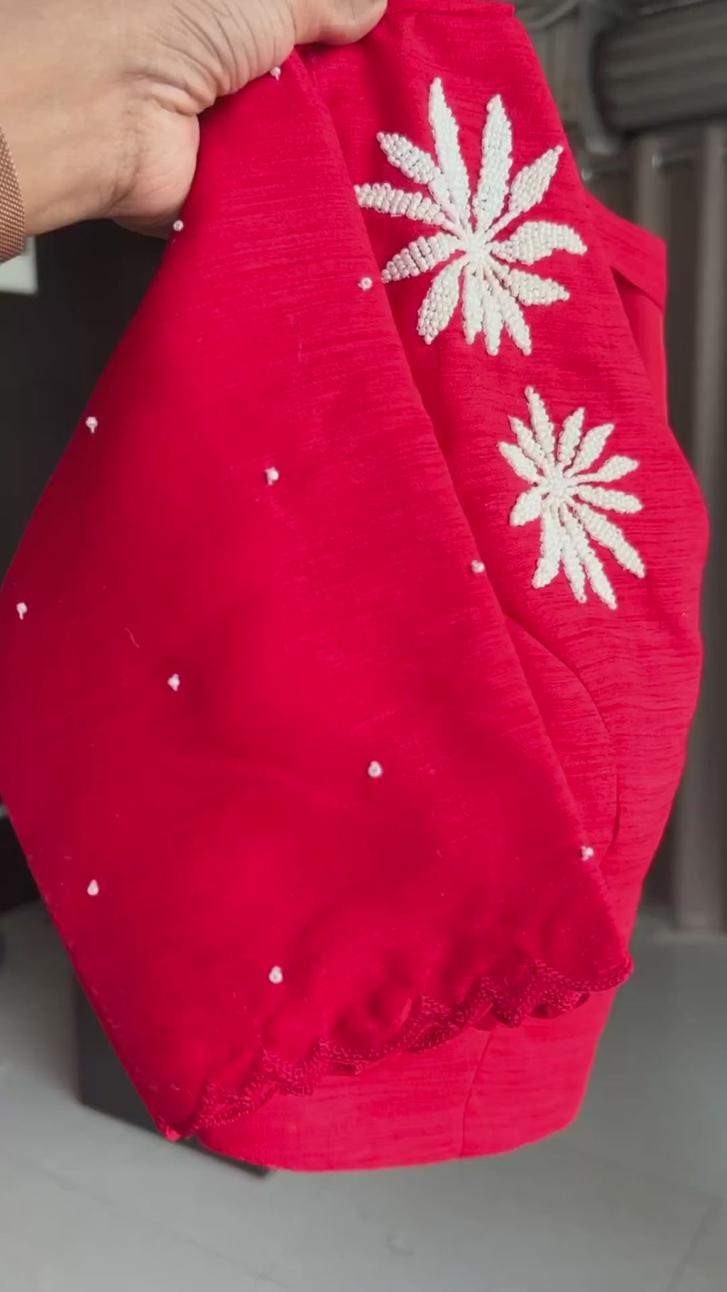 Cream & red saree with hand work blouse