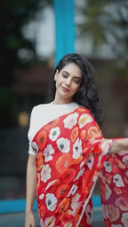 Orange red chinnon silk saree with white organza blouse