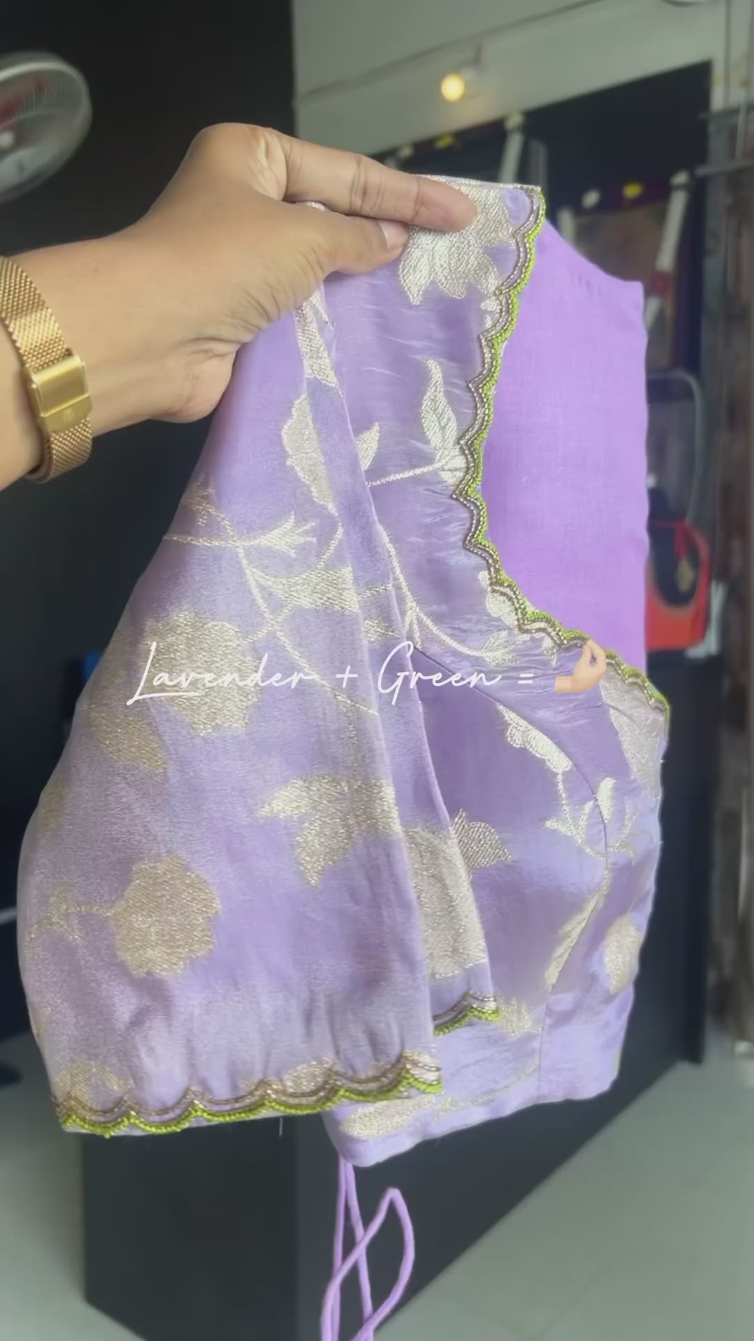 Green jute saree with lavender hand work blouse