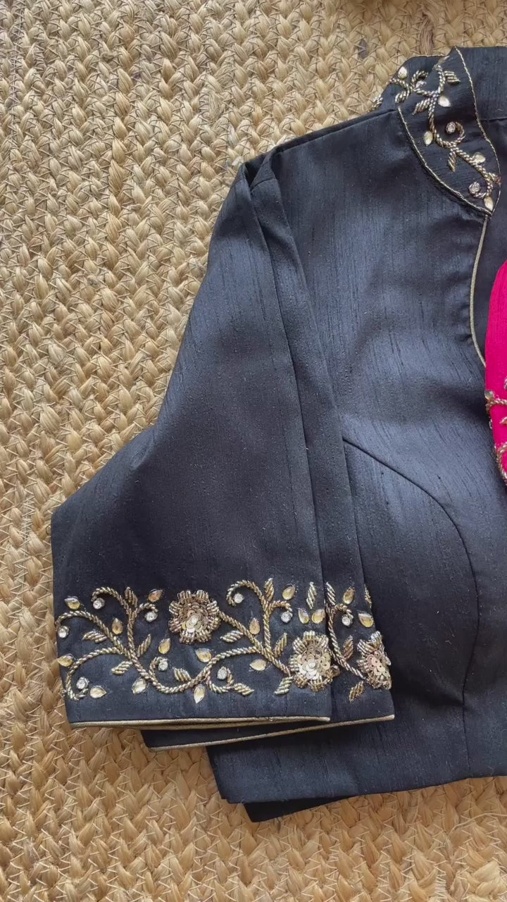 Purple silk collar & sleeves hand worked blouse