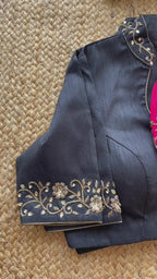 Purple silk collar & sleeves hand worked blouse