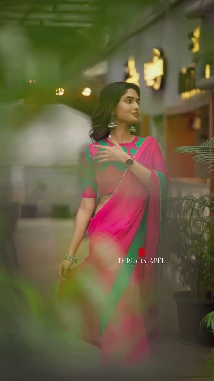 Pink organza saree with floral hand work blouse