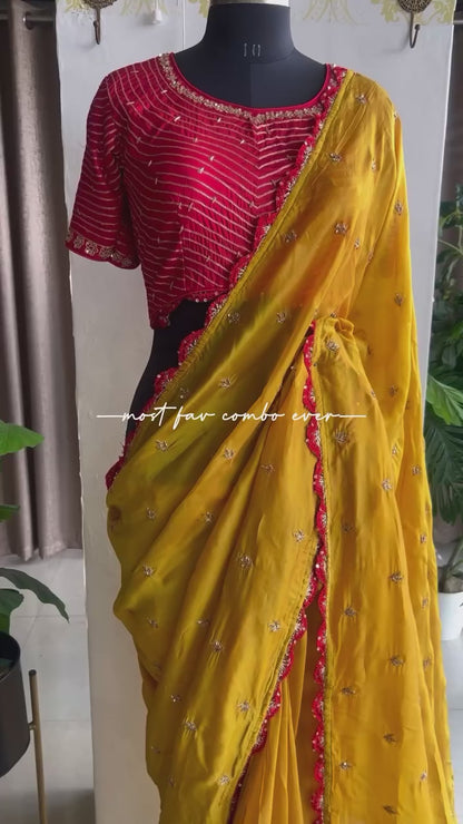 Mustard yellow hand made saree with red blouse