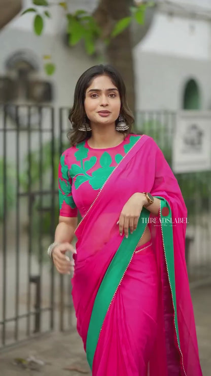Pink organza saree with floral hand work blouse