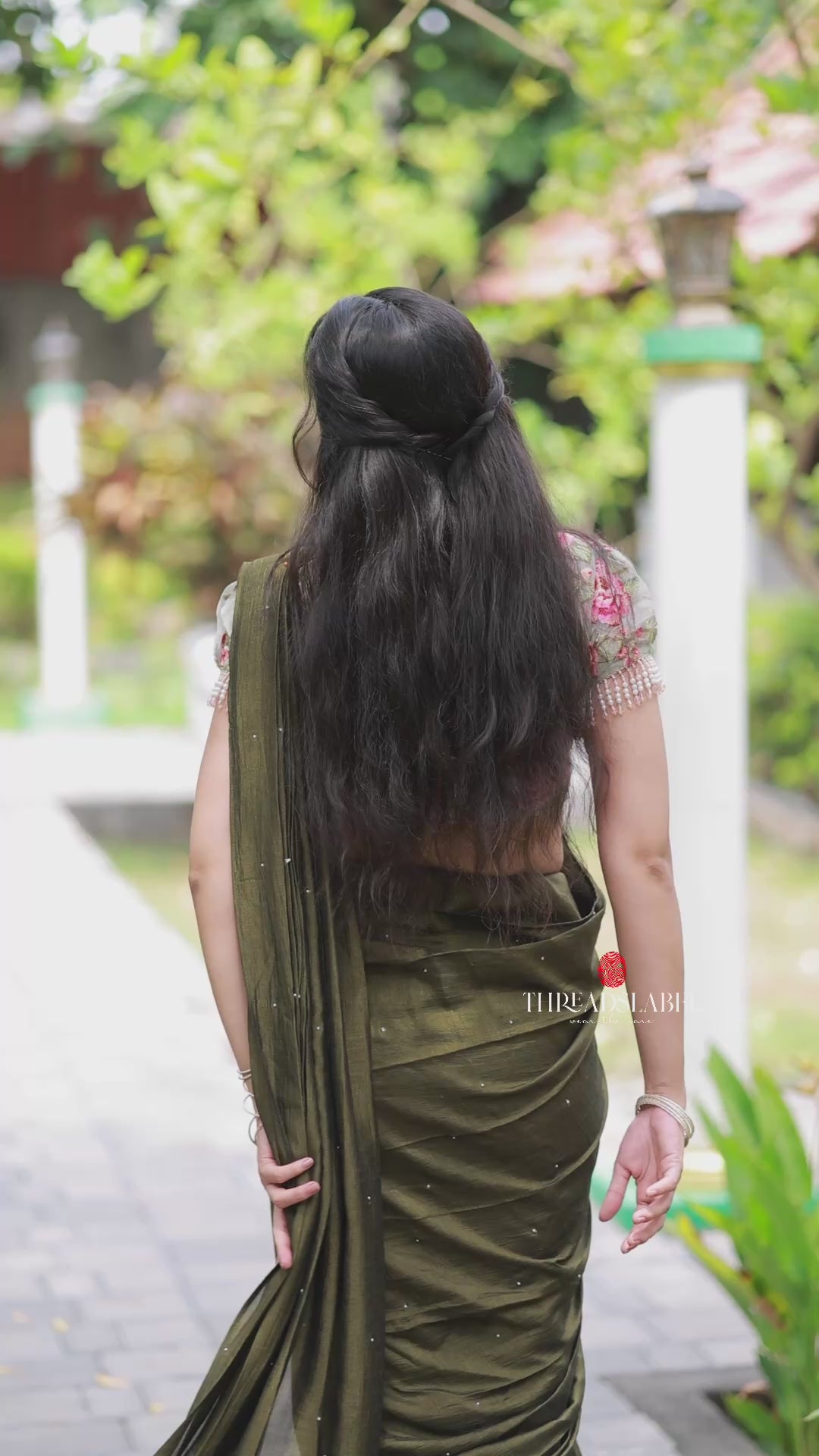 Bottle green Marble Saree with Handwork Blouse