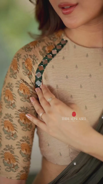 Bottle green mul chanderi saree with mirror work blouse